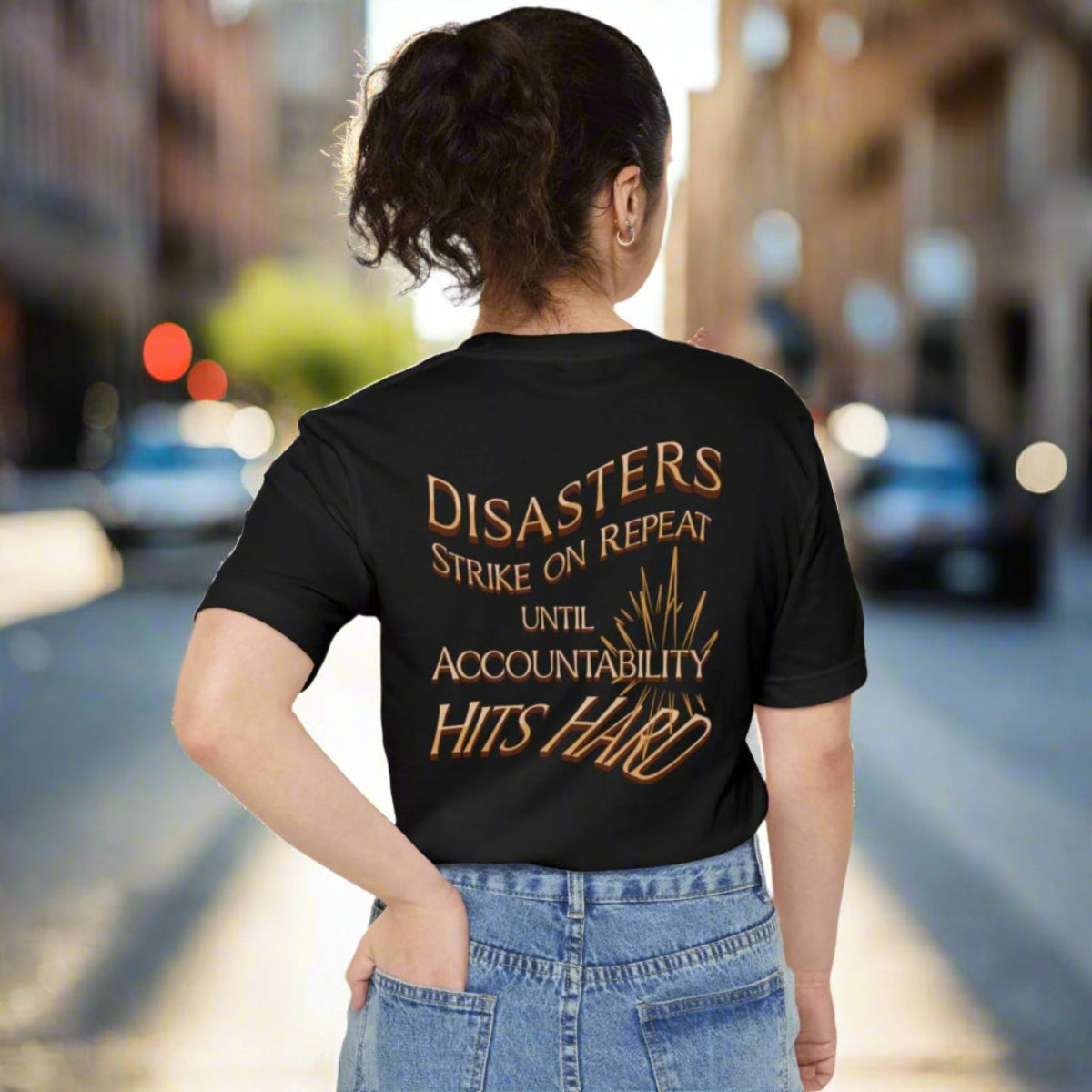 Pocket T-shirt Justice for Victims Disaster Repeat Accountability Hits Hard Oklahoma City 9/11 Wildfires Covid mRNA