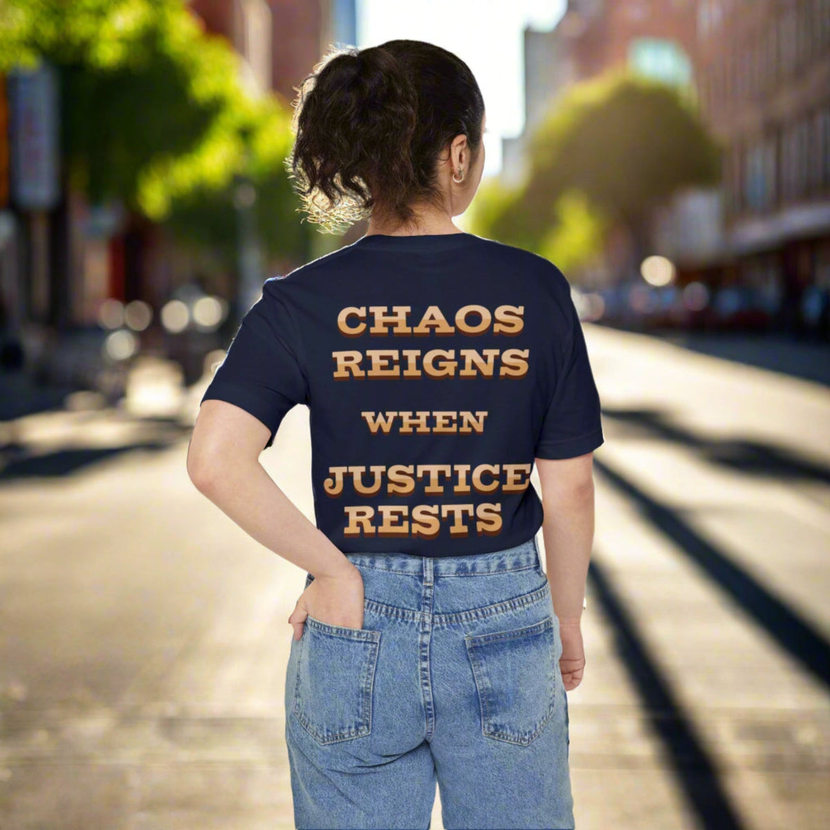 Chaos Reigns when Justice Rests Pocket T-shirt, Justice for Victims: Oklahoma City, 9/11, Wildfires, mRNA