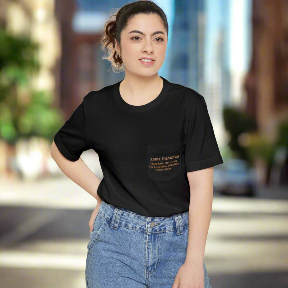 Pocket T-shirt Justice for Victims Disaster Repeat Accountability Hits Hard Oklahoma City 9/11 Wildfires Covid mRNA