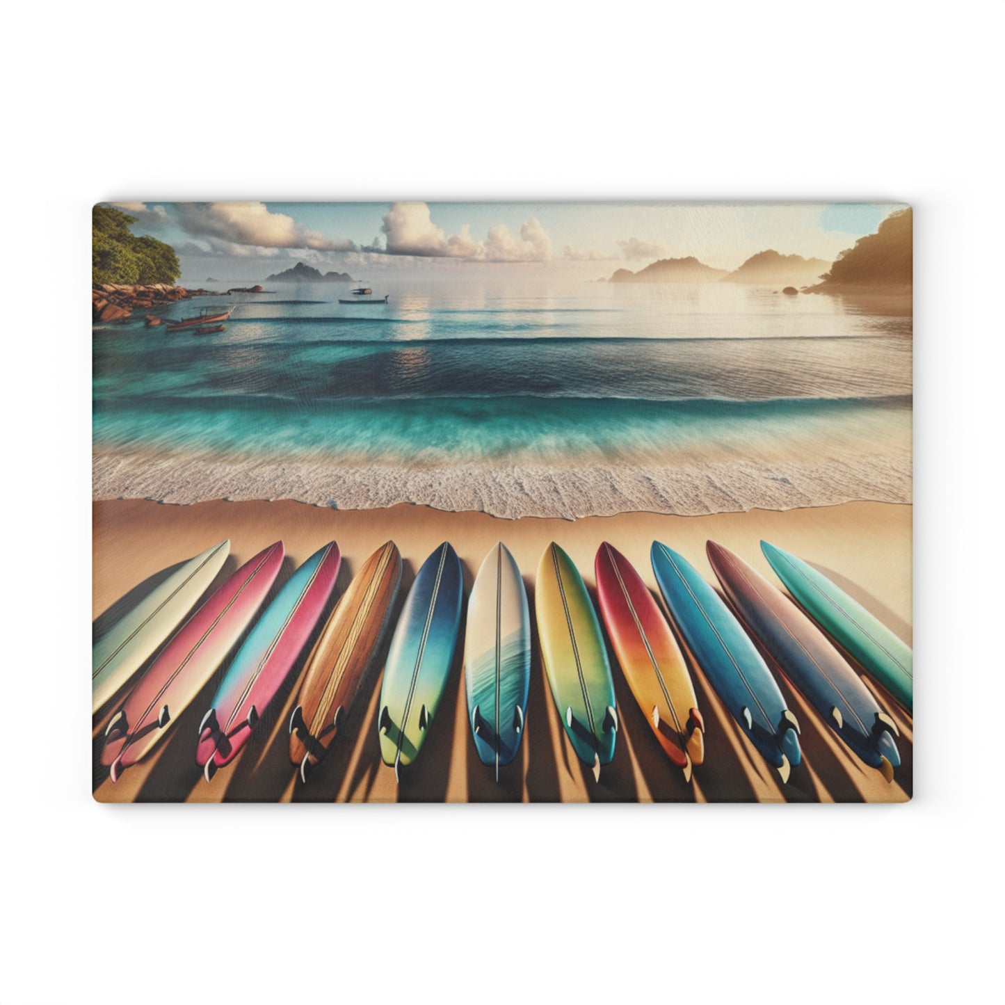 Beach Vibes Glass Cutting Board - Surfboard Design for Culinary Enthusiasts