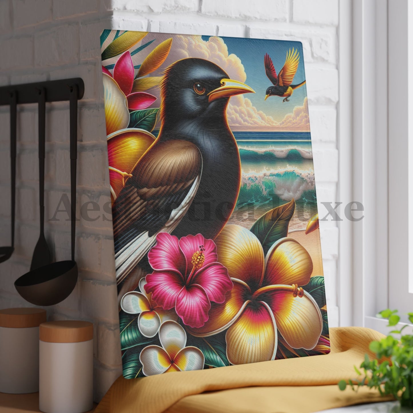 Tropical Bird & Floral Glass Cutting Board - Perfect for Kitchen Decor & Gifts