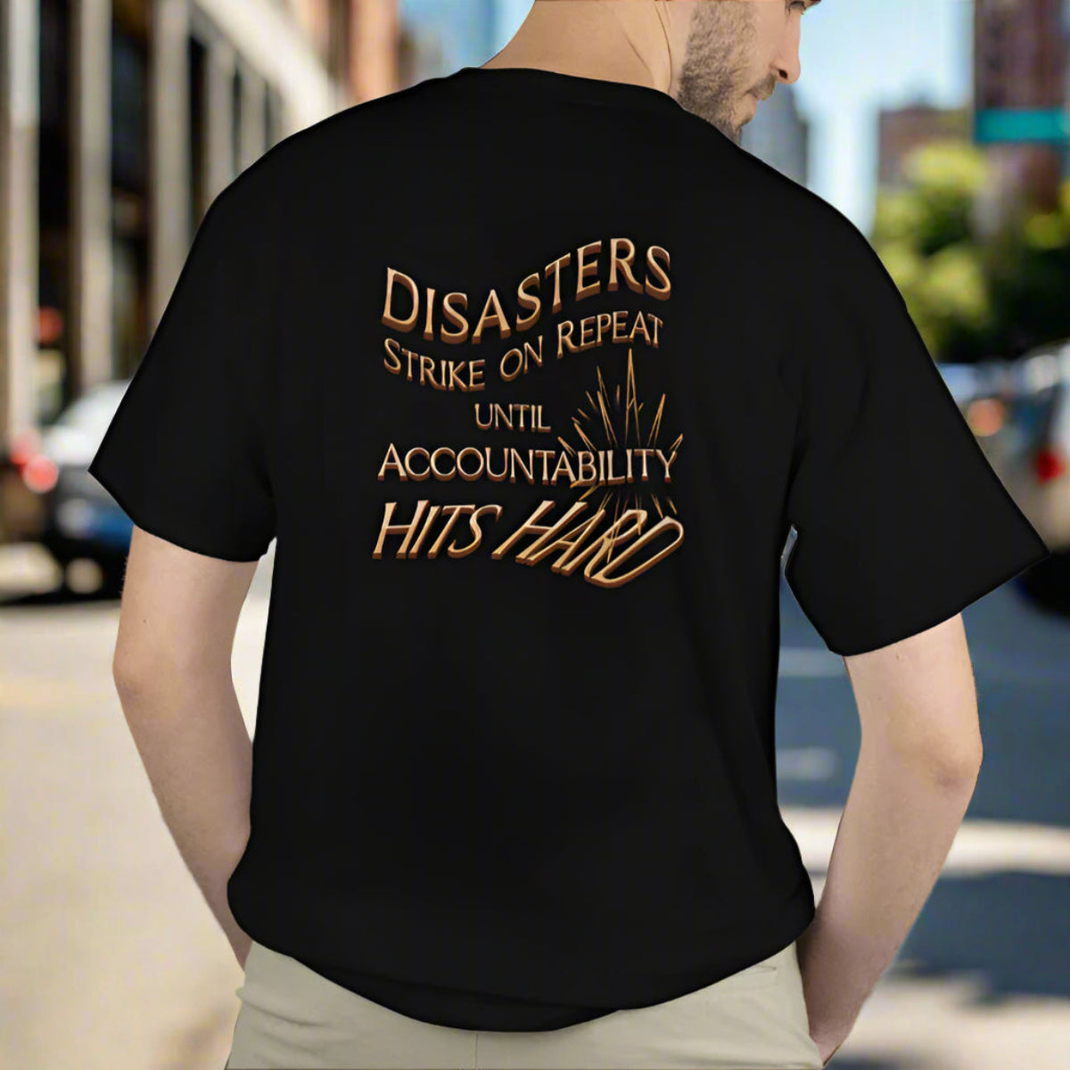 Pocket T-shirt Justice for Victims Disaster Repeat Accountability Hits Hard Oklahoma City 9/11 Wildfires Covid mRNA