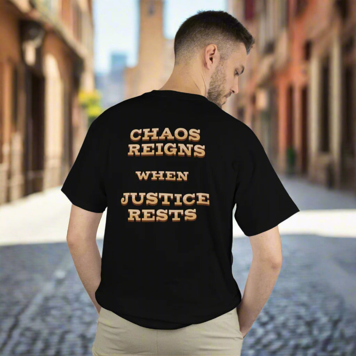 Chaos Reigns when Justice Rests Pocket T-shirt, Justice for Victims: Oklahoma City, 9/11, Wildfires, mRNA