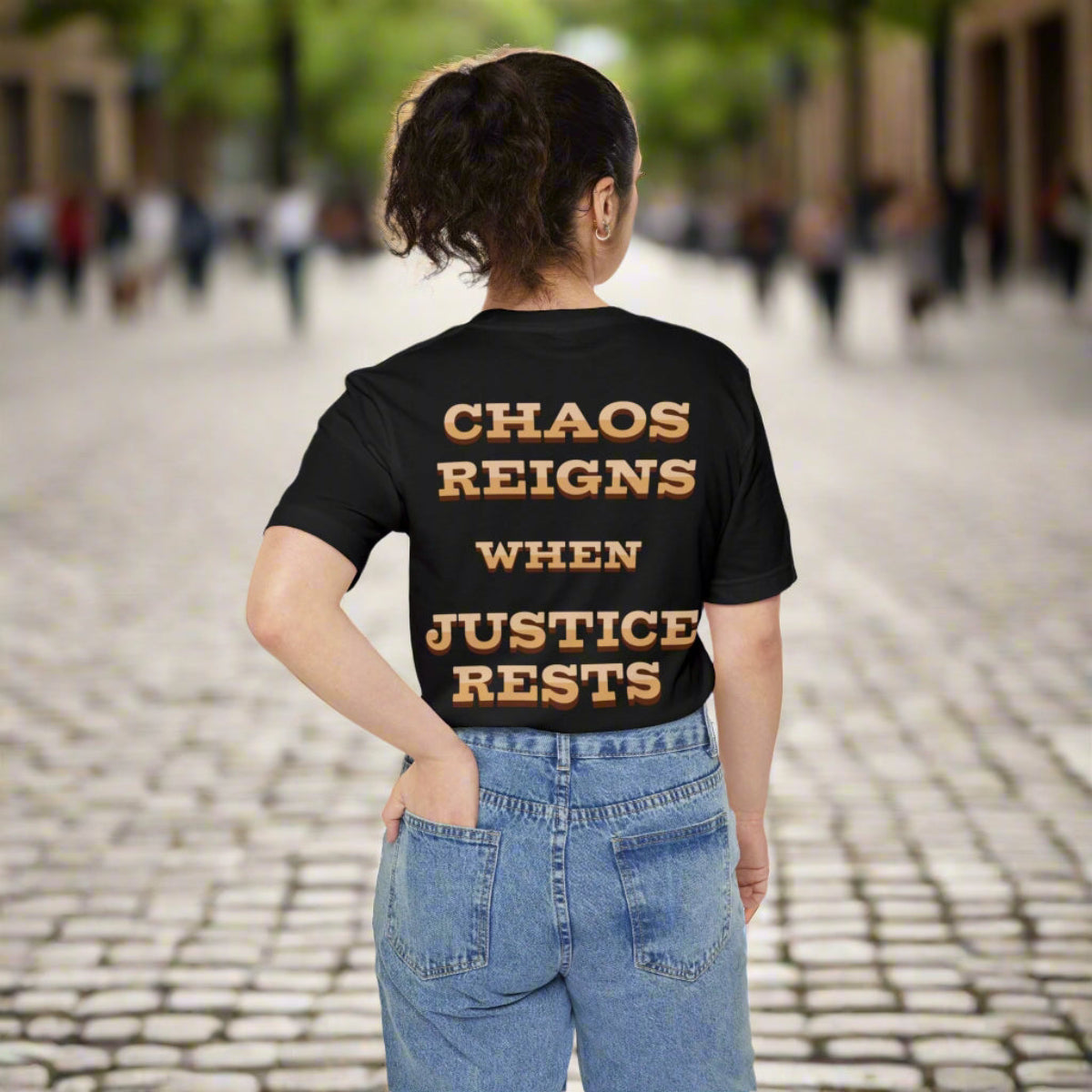 Chaos Reigns when Justice Rests Pocket T-shirt, Justice for Victims: Oklahoma City, 9/11, Wildfires, mRNA