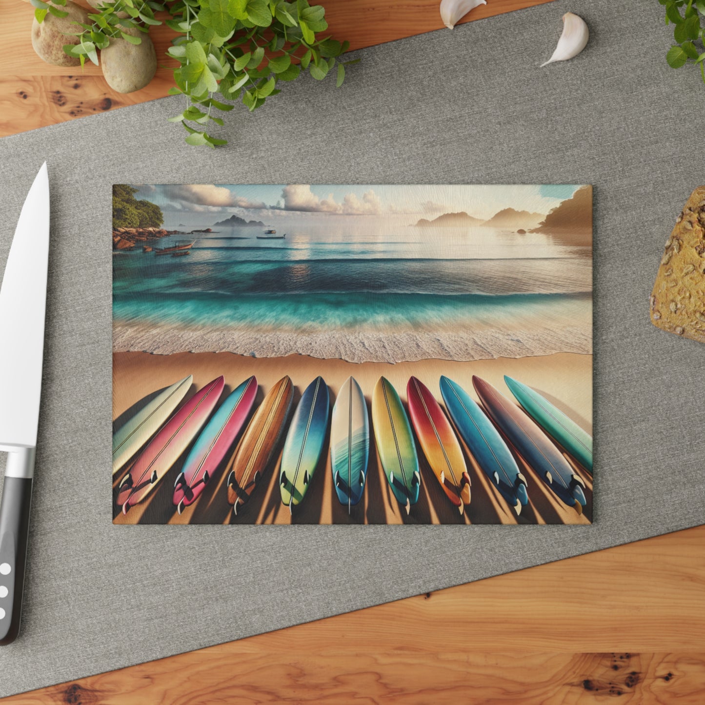 Beach Vibes Glass Cutting Board - Surfboard Design for Culinary Enthusiasts