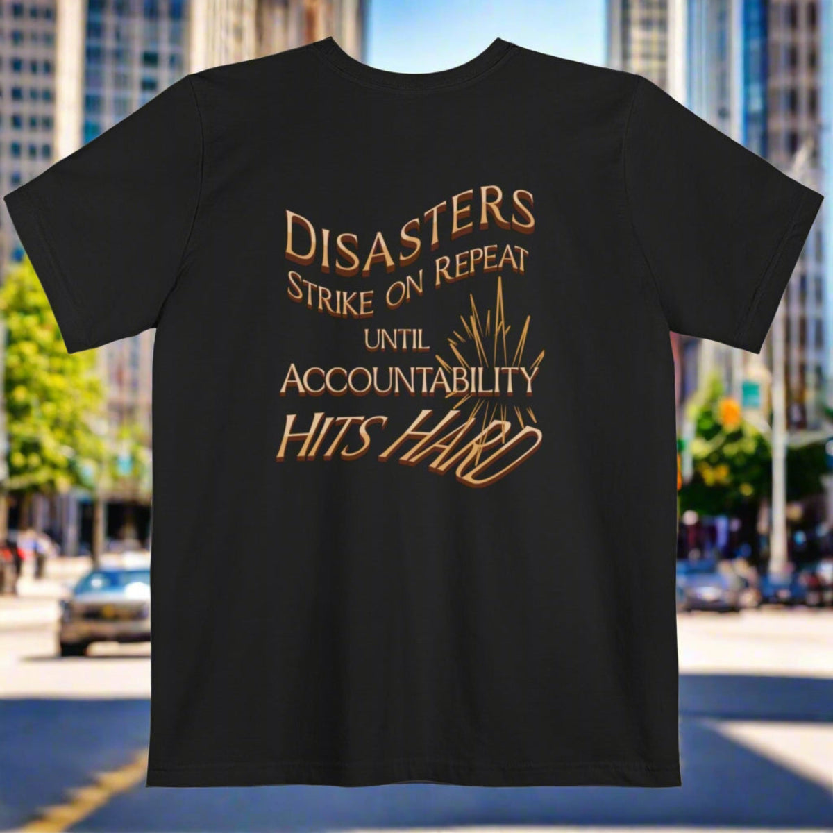 Pocket T-shirt Justice for Victims Disaster Repeat Accountability Hits Hard Oklahoma City 9/11 Wildfires Covid mRNA