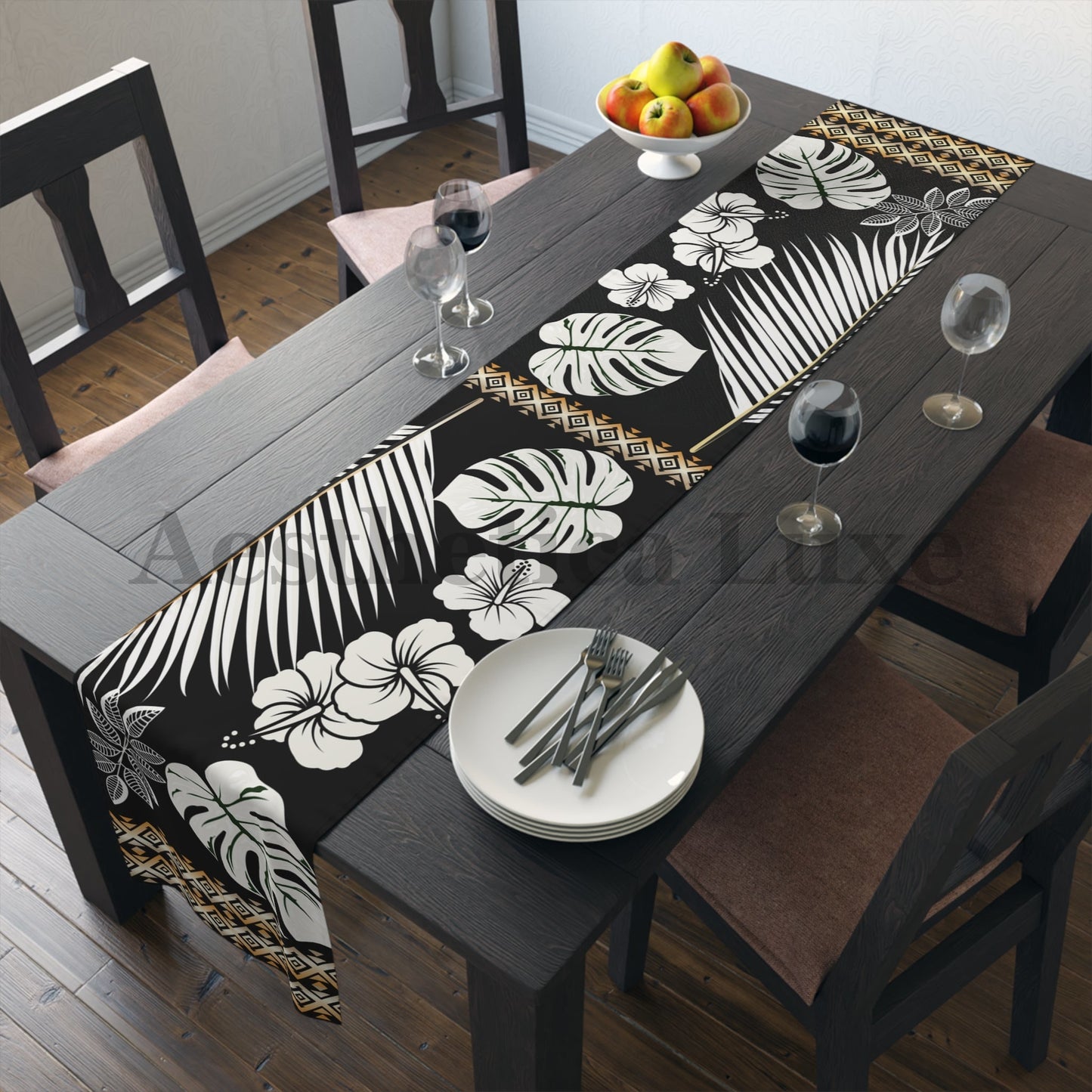 Table Runner - Tropical Floral and Gradient Gold Design for Elegant Dining