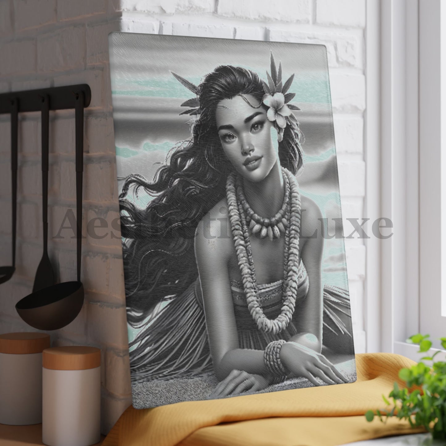 Hawaiian Sunset Glass Cutting Board with Tropical Hula Design