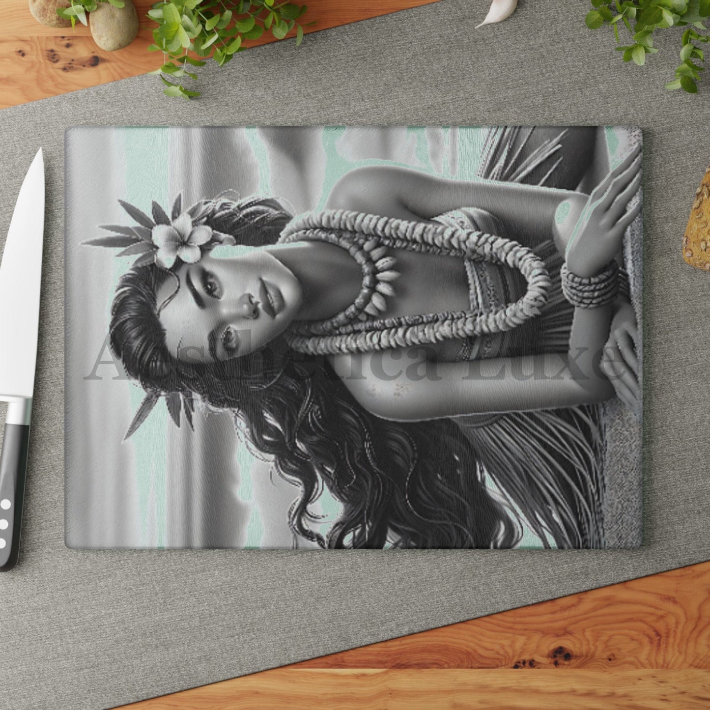 Hawaiian Sunset Glass Cutting Board with Tropical Hula Design
