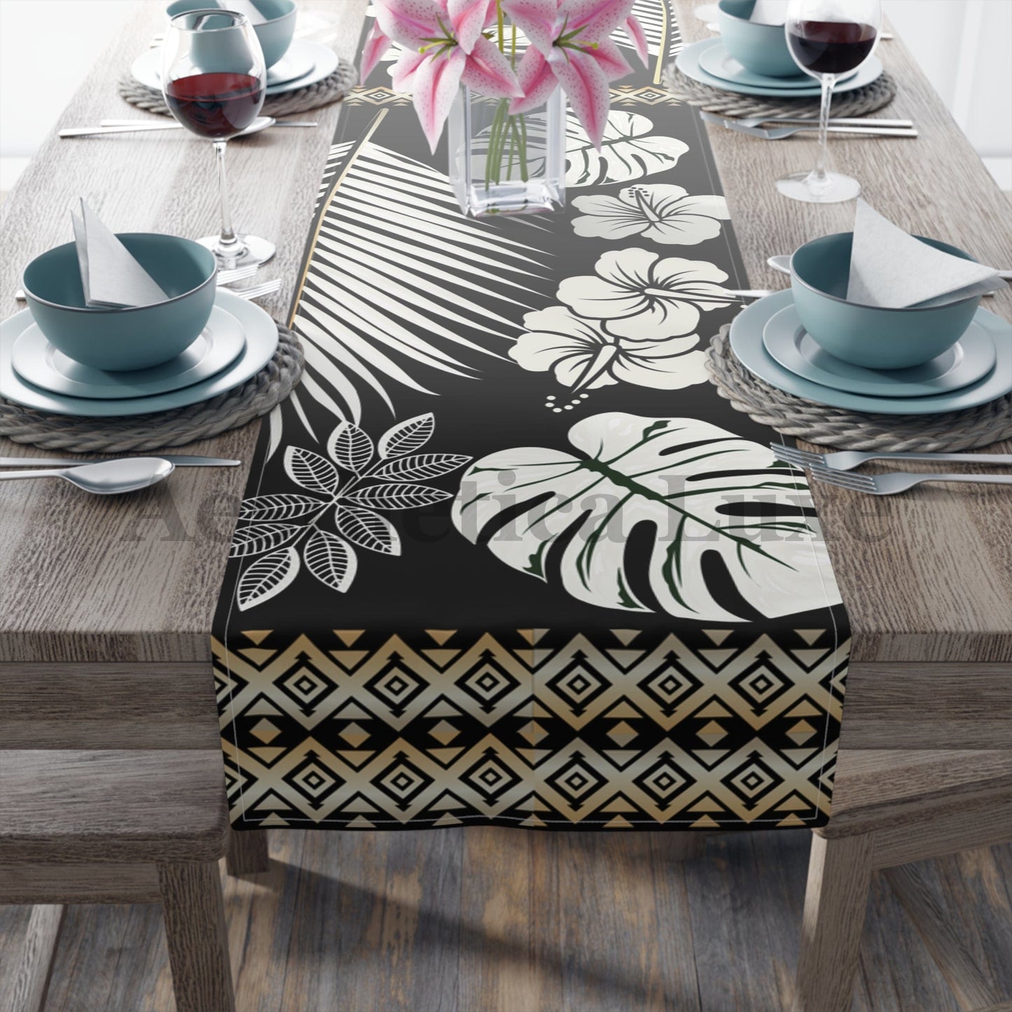 Table Runner - Tropical Floral and Gradient Gold Design for Elegant Dining
