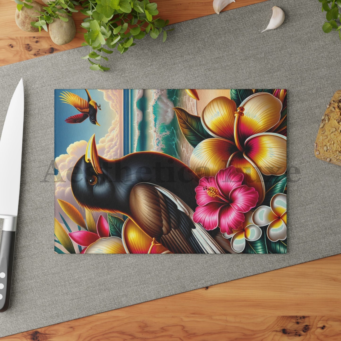 Tropical Bird & Floral Glass Cutting Board - Perfect for Kitchen Decor & Gifts