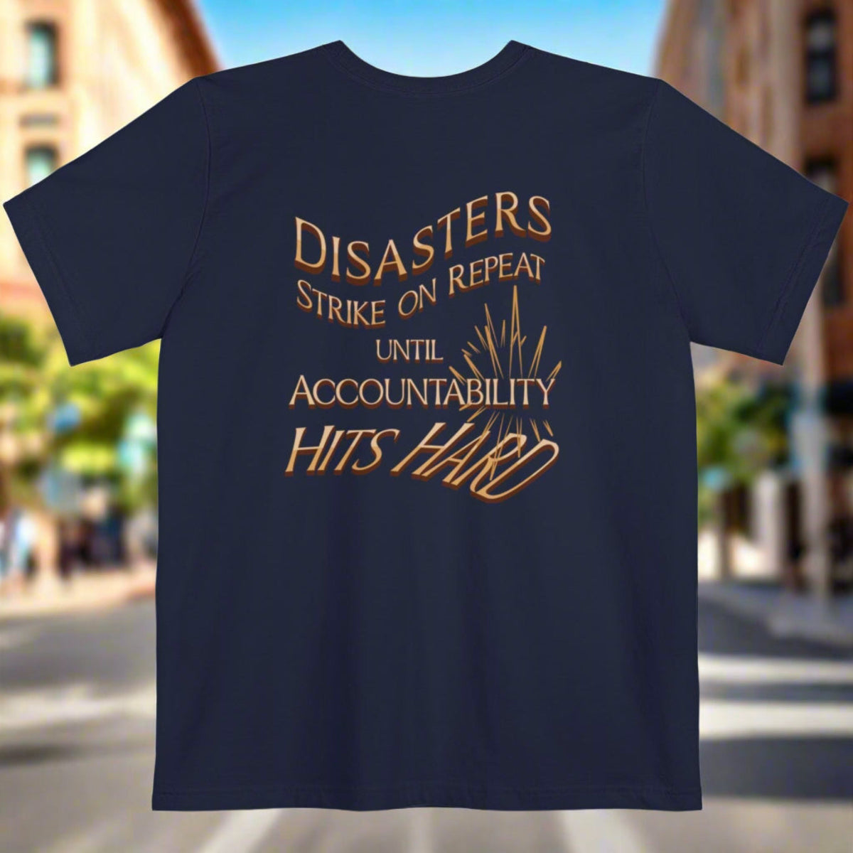 Pocket T-shirt Justice for Victims Disaster Repeat Accountability Hits Hard Oklahoma City 9/11 Wildfires Covid mRNA