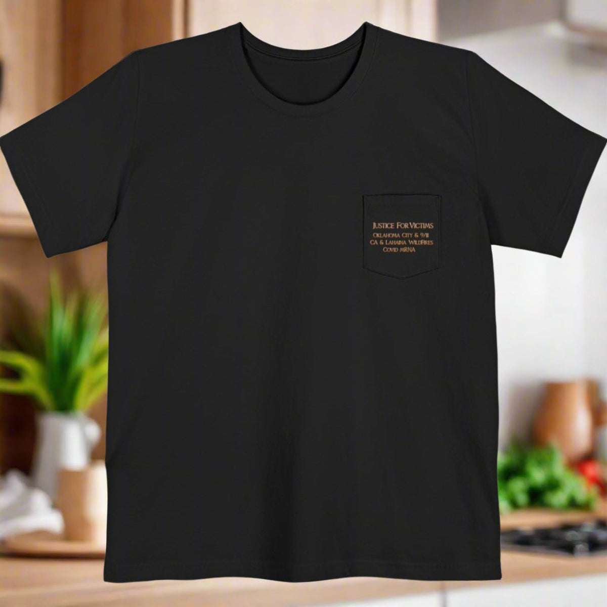 Chaos Reigns when Justice Rests Pocket T-shirt, Justice for Victims: Oklahoma City, 9/11, Wildfires, mRNA