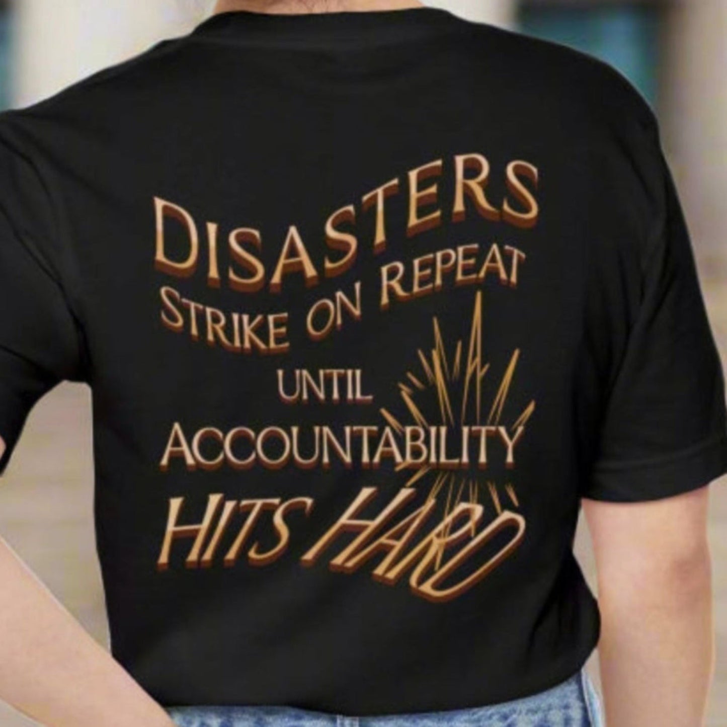 Pocket T-shirt Justice for Victims Disaster Repeat Accountability Hits Hard Oklahoma City 9/11 Wildfires Covid mRNA