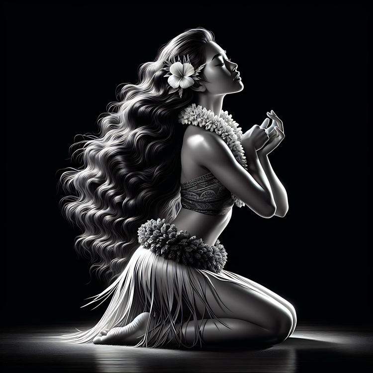 Hula girl wearing a grass skirt, lei and hibiscus flower in her hair, is kneeling in prayer. Dramatic black and white image with striking lighting highlights her long, wavy hair and her skin.