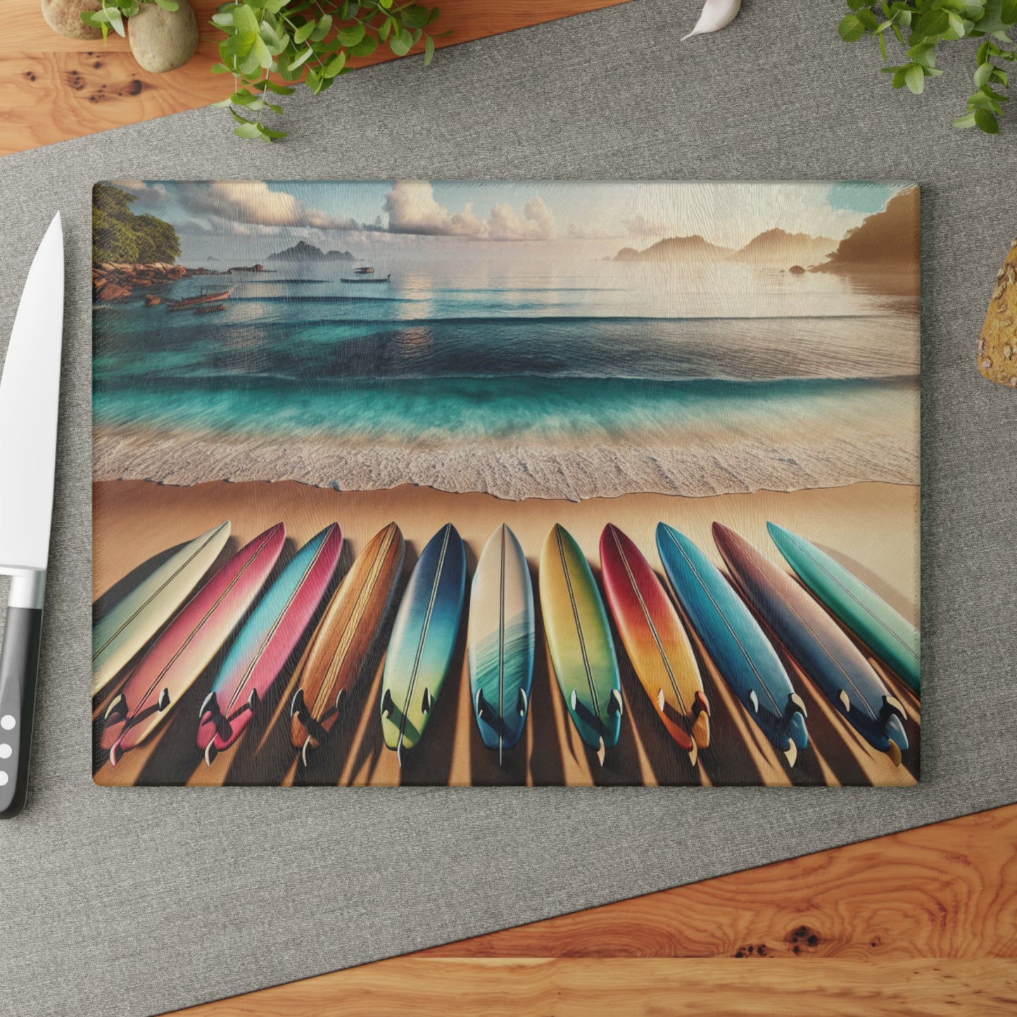 Beach Vibes Glass Cutting Board - Surfboard Design for Culinary Enthusiasts