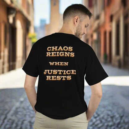 Chaos Reigns  when Justice Rests Pocket T-shirt, Justice  for Victims:  Oklahoma City,  9/11, Wildfires, mRNA