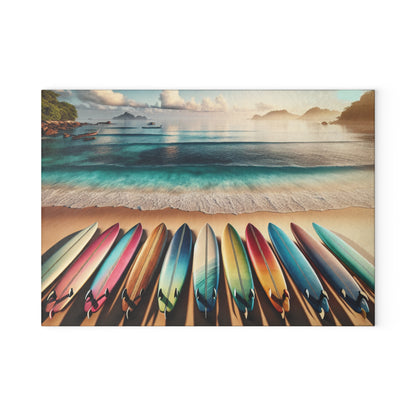 Beach Vibes Glass Cutting Board - Surfboard Design for Culinary Enthusiasts